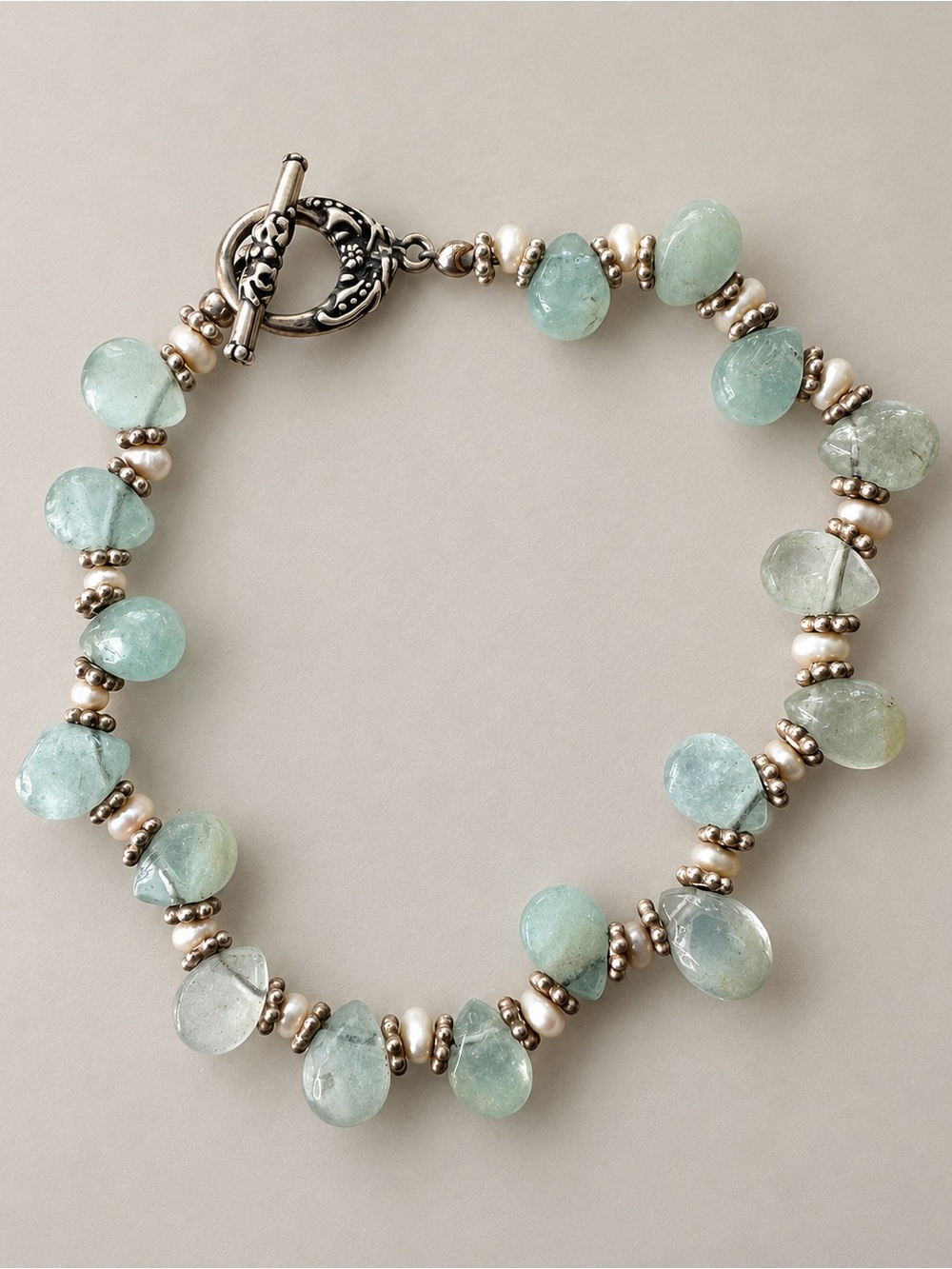 925 Sterling Silver Aquamarine & Pearl Toggle Bracelet 8”